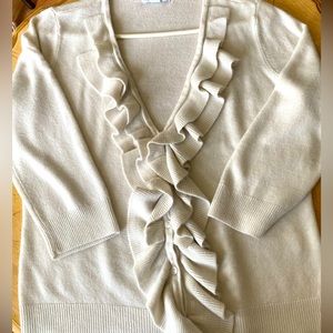 New York & Company Button-Up Cream Color Cardigan Sweater with Ruffle Detail